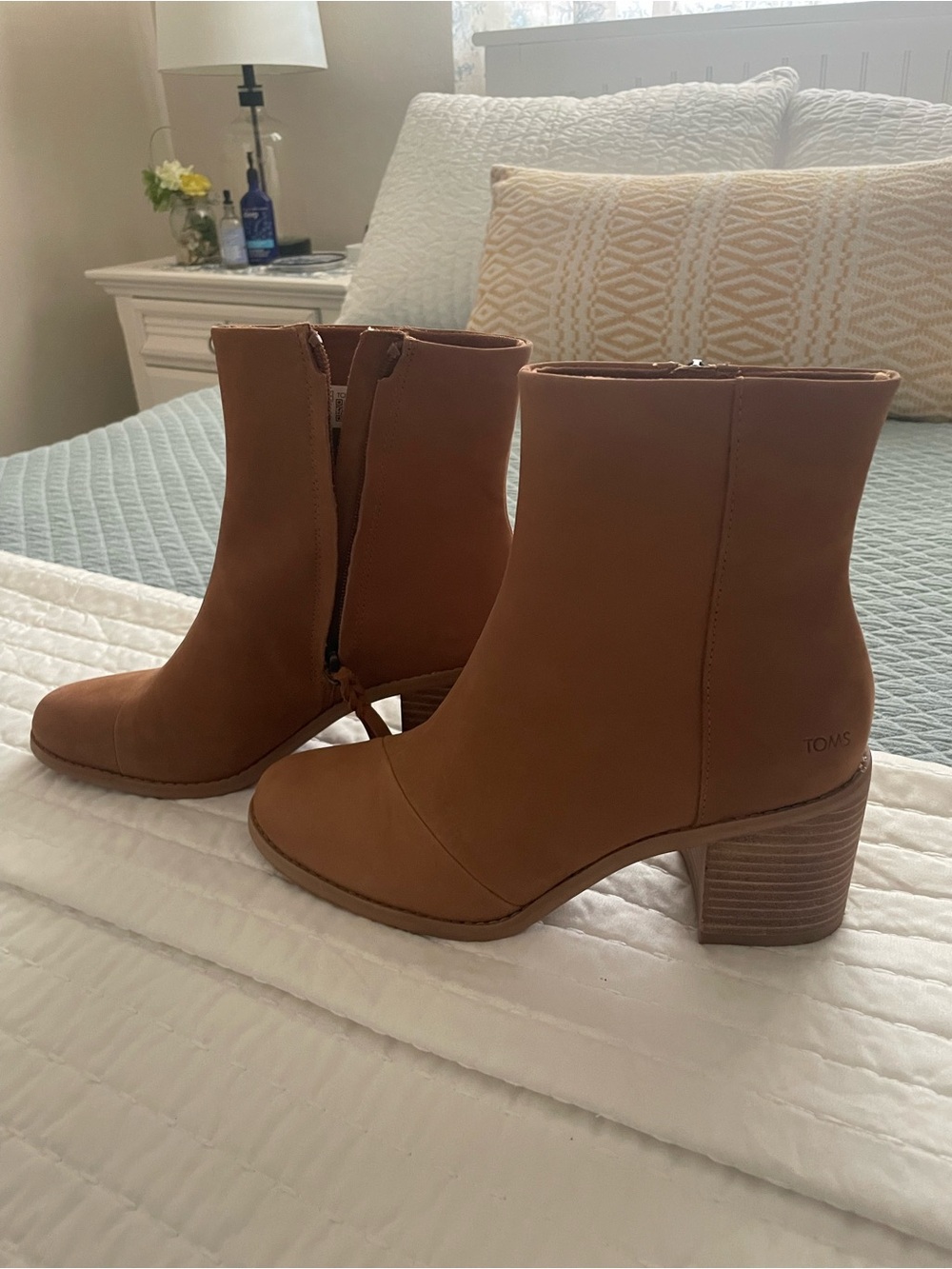 TOMS Brown Leather Block Heel Ankle Boots